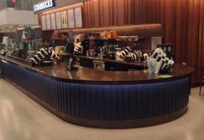 The pickup station, at the right end of the counter